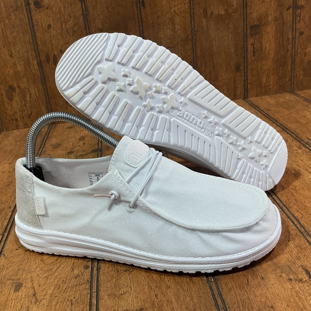 Hey Dude Wendy Metallic Sparkle Shoes Womens Size 8 White Slip On Comfort Casual
